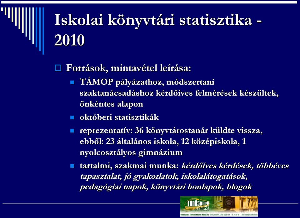 könyvtárostanár küldte vissza, ebből: 23 általános iskola, 12 középiskola, 1 nyolcosztályos gimnázium tartalmi,