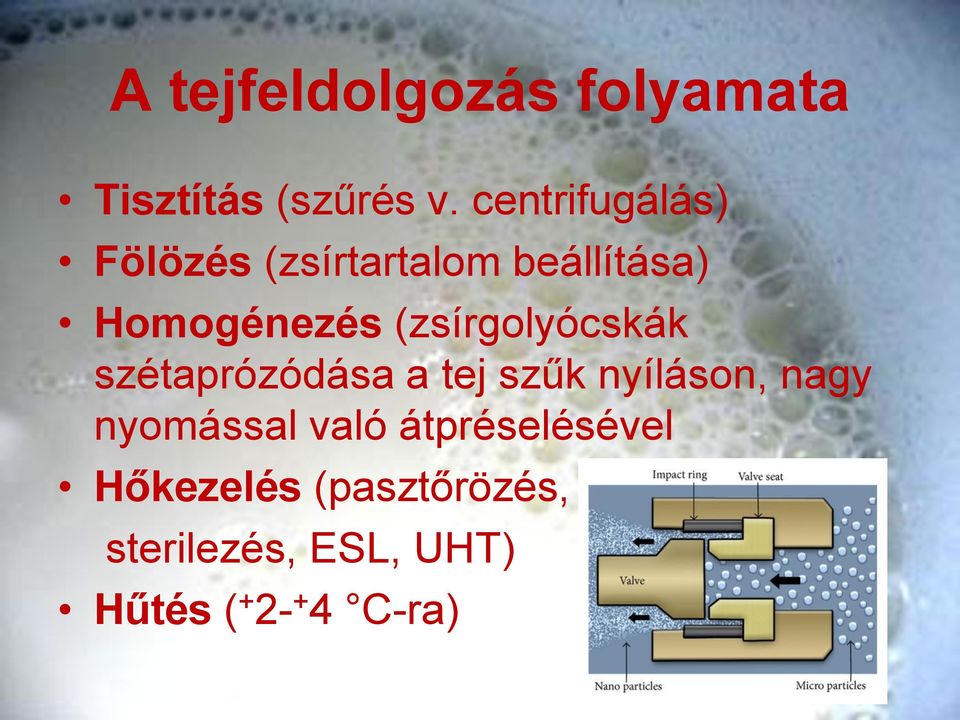 (zsírgolyócskák szétaprózódása a tej szűk nyíláson, nagy