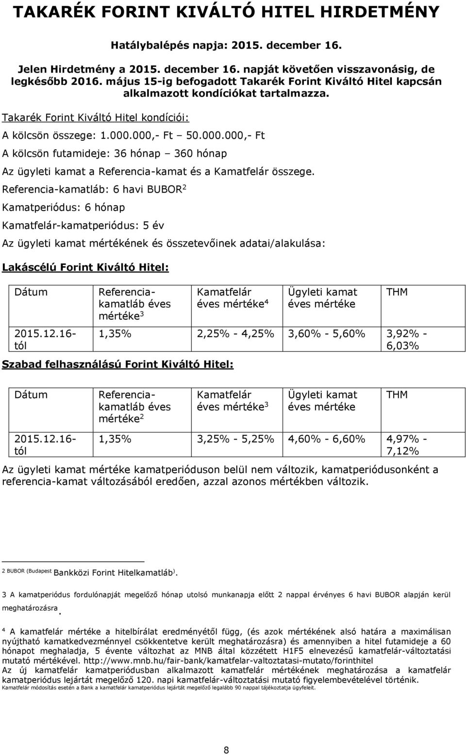 000,- Ft 50.000.000,- Ft A kölcsön futamideje: 36 hónap 360 hónap Az ügyleti kamat a Referencia-kamat és a Kamatfelár összege.