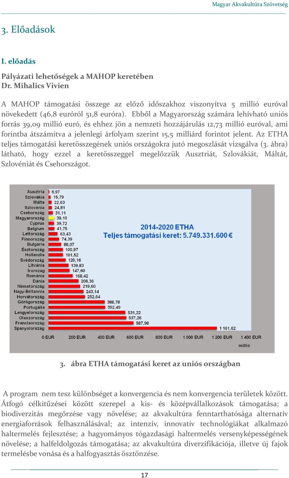 forintot jelent. Az ETHA teljes támogatási keretösszegének uniós országokra jutó megoszlását vizsgálva (3.