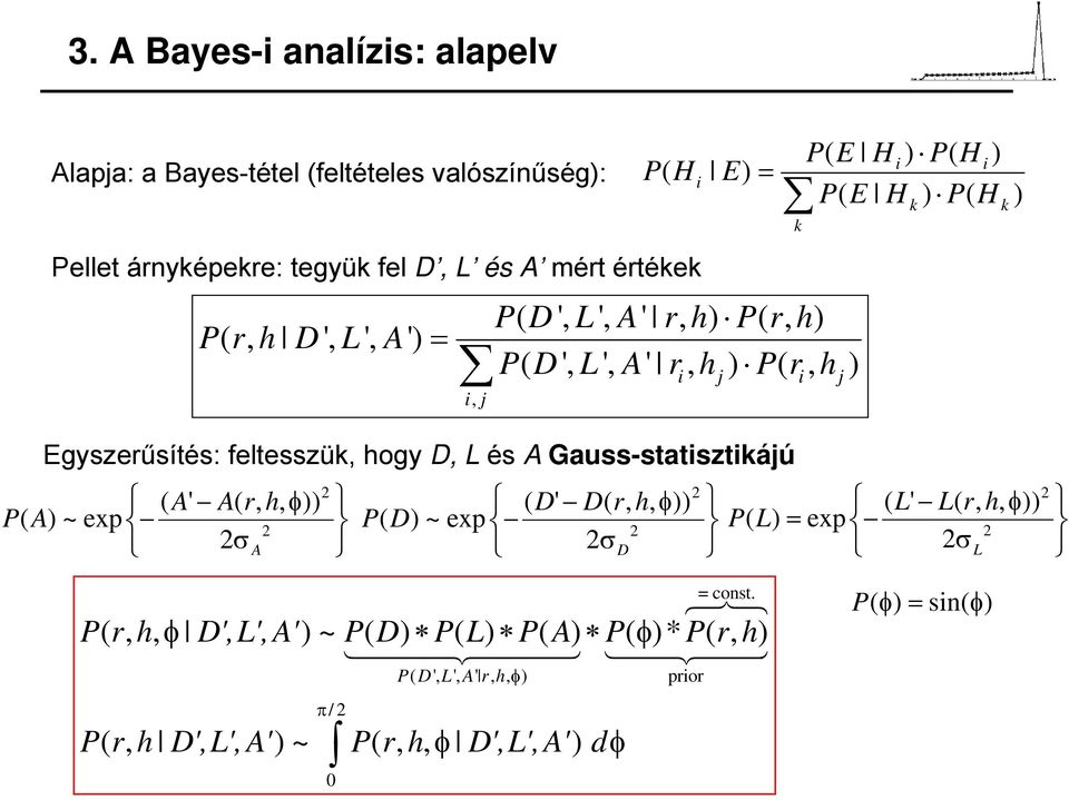 hogy D, L és A Gauss-statisztikájú ( A' A( r, h, φ)) PA ( )~exp 2 2σ A 2 π/2 0 ( D' D( r, h, φ)) PD ( )~exp 2 2σ D P( D', L', A' r, h, φ) prior 2 ( L' L(