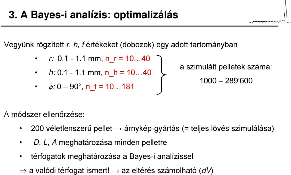 módszer ellenőrzése: 200 véletlenszerű pellet árnykép-gyártás (= teljes lövés szimulálása) D, L, A meghatározása