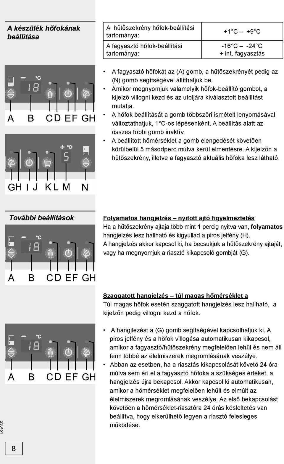 Amikor megnyomjuk valamelyik hőfok-beállító gombot, a kijelző villogni kezd és az utoljára kiválasztott beállítást mutatja.