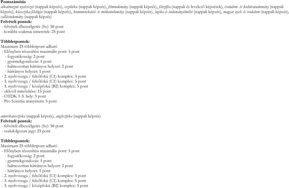 (nappali képzés) Felvételi pontok: - felvételi elbeszélgetés (Sz): 50 pont - korábbi szakmai ismeretek: 25 pont Többletpontok: Maximum 25 többletpont adható - Előnyben részesítési maximális pont: 5
