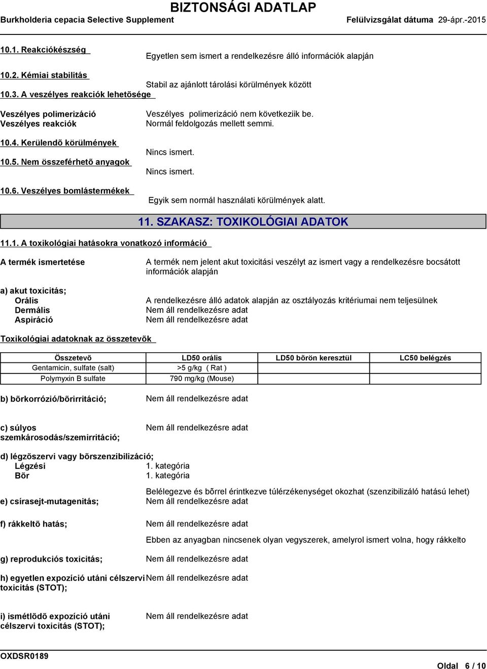 Veszélyes bomlástermékek Veszélyes polimerizáció nem következiik be. Normál feldolgozás mellett semmi. Nincs ismert. Nincs ismert. Egyik sem normál használati körülmények alatt. 11