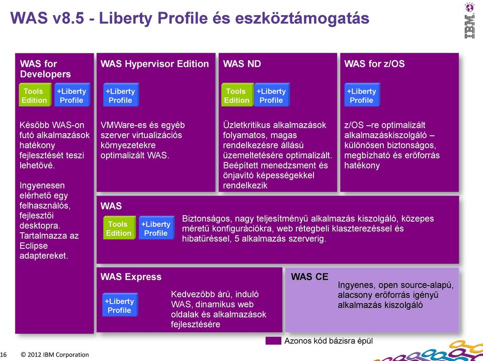 fejlesztését teszi lehetővé. Ingyenesen elérhető egy felhasználós, fejlesztői desktopra. Tartalmazza az Eclipse adaptereket. VMWare-es és egyéb szerver virtualizációs környezetekre optimalizált WAS.