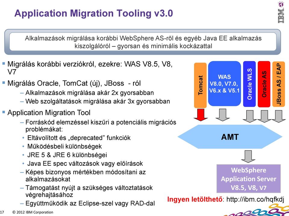 5, V8, V7 Migrálás Oracle, TomCat (új), JBoss - ról Alkalmazások migrálása akár 2x gyorsabban Web szolgáltatások migrálása akár 3x gyorsabban Application Migration Tool Forráskód elemzéssel kiszűri a