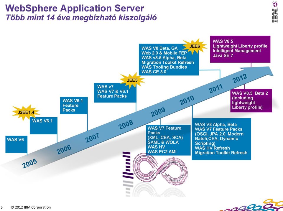 1 Feature Packs WAS v7 WAS V7 & V6.1 Feature Packs JEE5 WAS V8.5 Beta 2 (including lightweight Liberty profile) WAS V6 WAS V6.