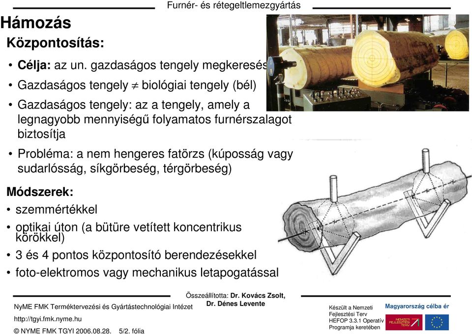 legnagyobb mennyiségű folyamatos furnérszalagot biztosítja Probléma: a nem hengeres fatörzs (kúposság vagy