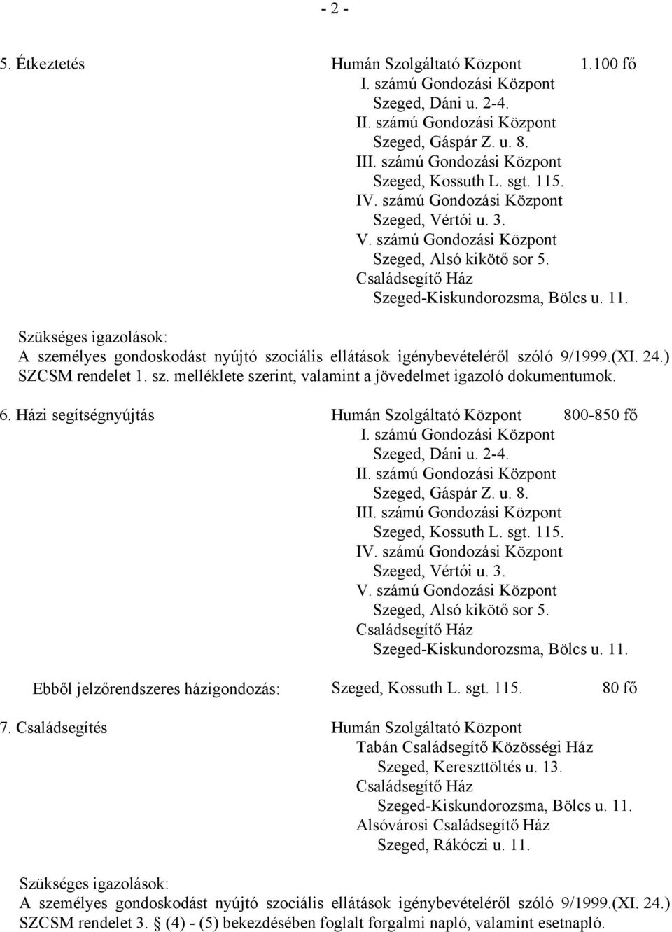 (XI. 24.) SZCSM rendelet 1. sz. melléklete szerint, valamint a jövedelmet igazoló dokumentumok. 6. Házi segítségnyújtás Humán Szolgáltató Központ 800-850 fő I. számú Gondozási Központ Szeged, Dáni u.
