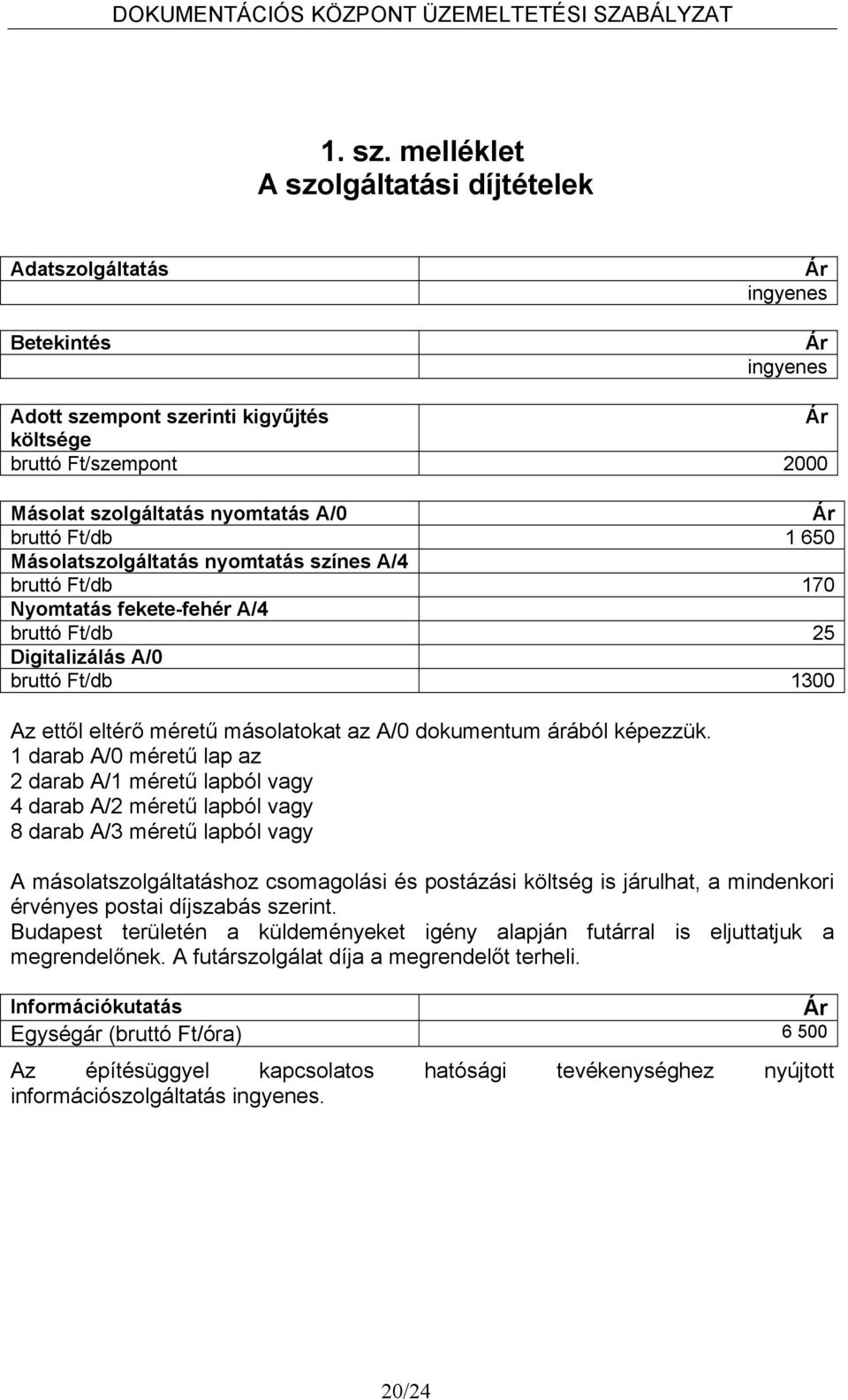 bruttó Ft/db 1 650 Másolatszolgáltatás nyomtatás színes A/4 bruttó Ft/db 170 Nyomtatás fekete-fehér A/4 bruttó Ft/db 25 Digitalizálás A/0 bruttó Ft/db 1300 Az ettől eltérő méretű másolatokat az A/0