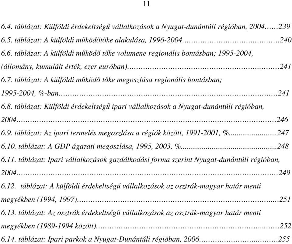 ..247 6.10. táblázat: A GDP ágazati megoszlása, 1995, 2003, %...248 6.11. táblázat: Ipari vállalkozások gazdálkodási forma szerint Nyugat-dunántúli régióban, 2004. 249 6.12.