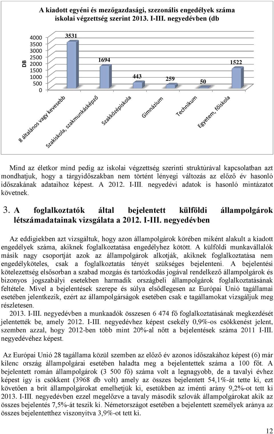 tárgyidőszakban nem történt lényegi változás az előző év hasonló időszakának adataihoz képest. A 2012. I-III. negyedévi adatok is hasonló mintázatot követnek. 3.