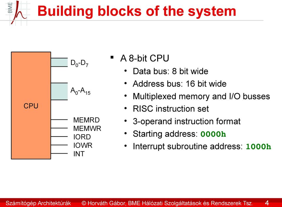 Data bus: 8 bit wide Address bus: 16 bit wide Multiplexed memory and I/O busses RISC