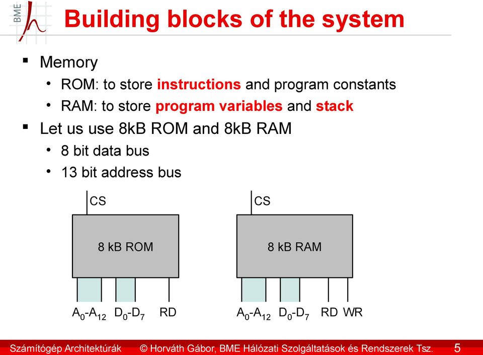 RAM: to store program variables and stack Let us use 8kB ROM and 8kB RAM 8 bit data bus