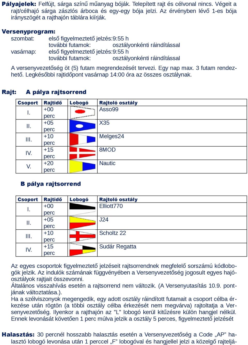 Versenyprogram: szombat: első figyelmeztető jelzés:9:55 h további futamok: osztályonkénti ráindítással vasárnap: első figyelmeztető jelzés:9:55 h további futamok: osztályonkénti ráindítással A