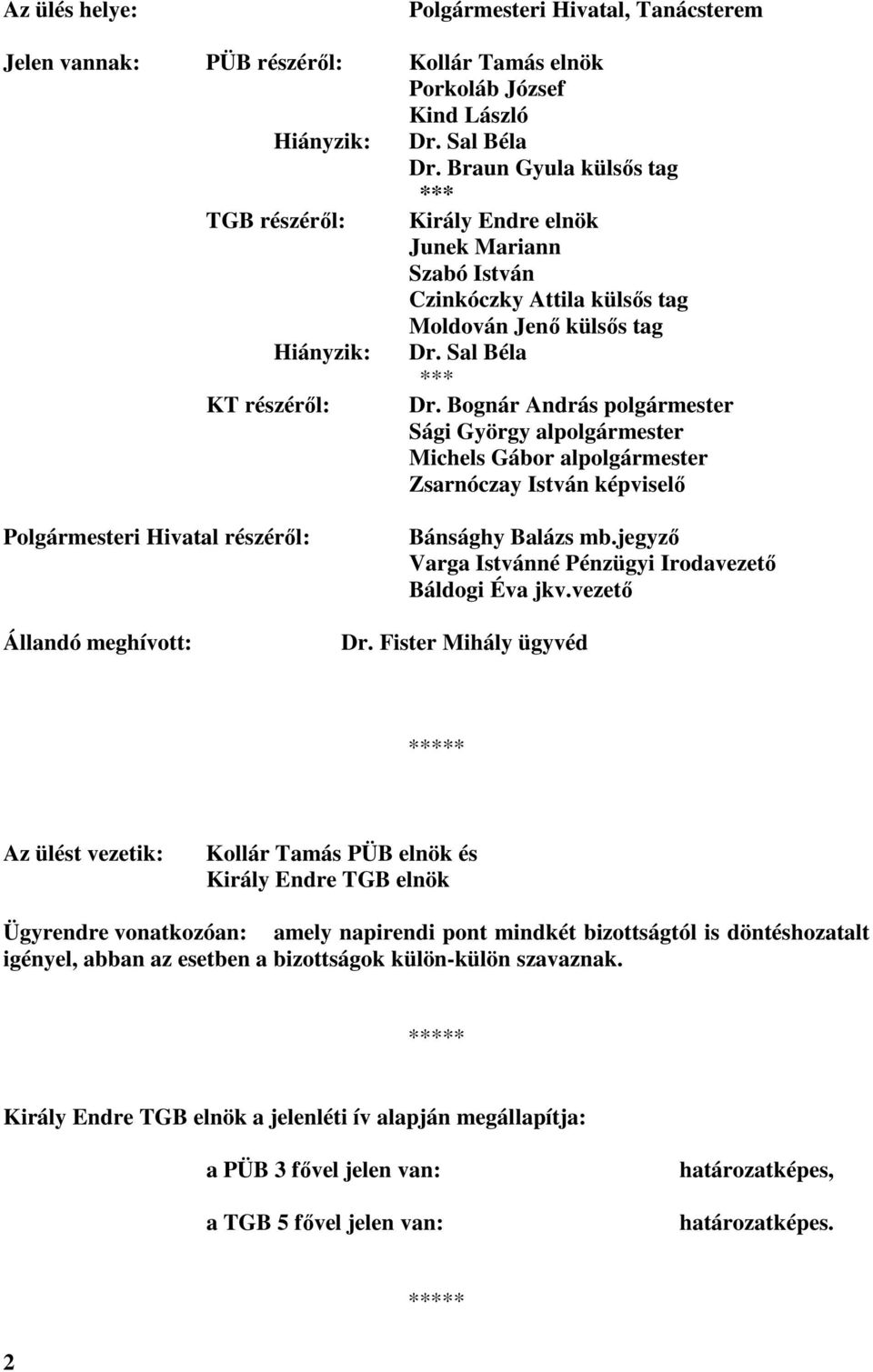 Bognár András polgármester Sági György alpolgármester Michels Gábor alpolgármester Zsarnóczay István képviselı Polgármesteri Hivatal részérıl: Állandó meghívott: Bánsághy Balázs mb.