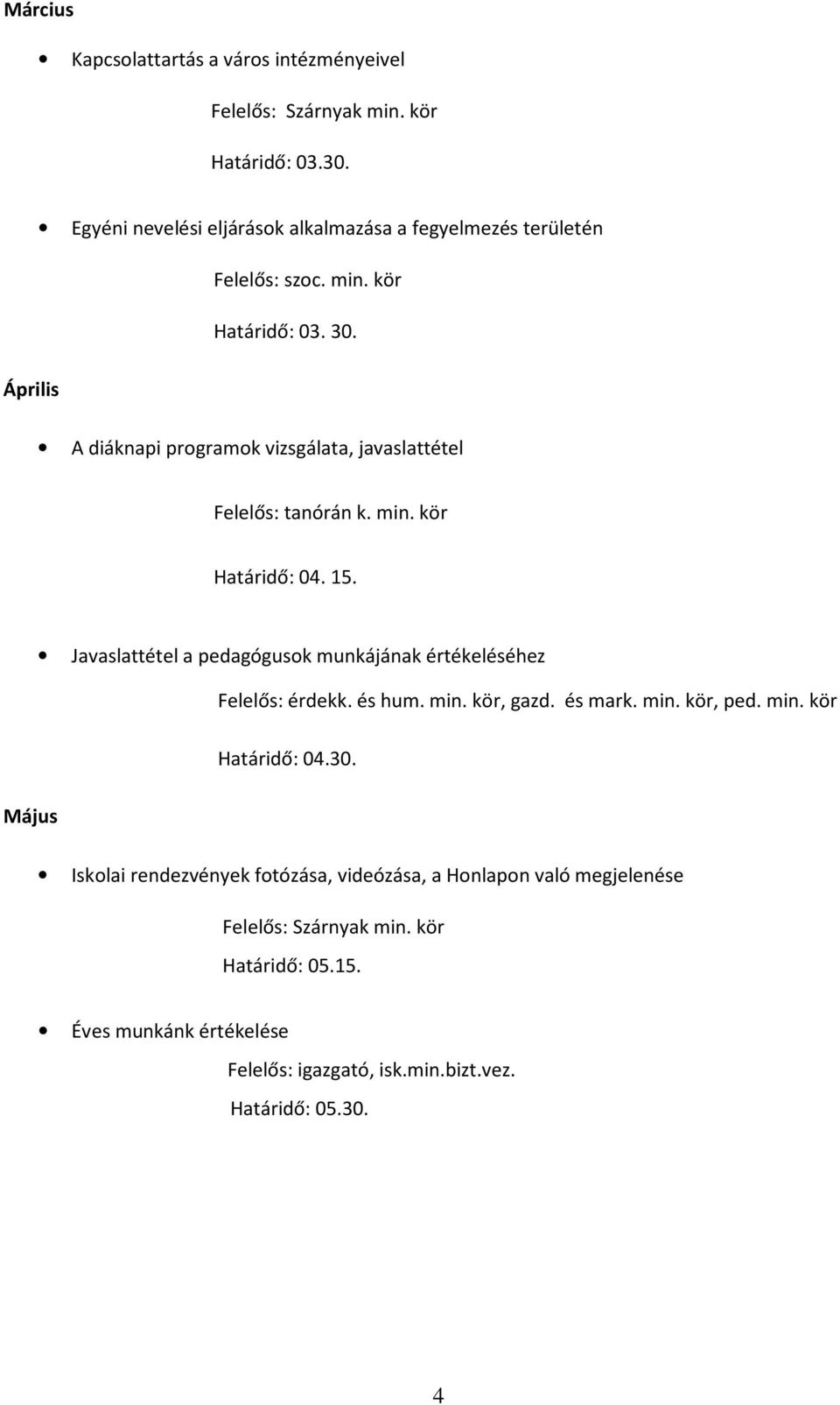 Április A diáknapi programok vizsgálata, javaslattétel Felelős: tanórán k. min. kör Határidő: 04. 15.