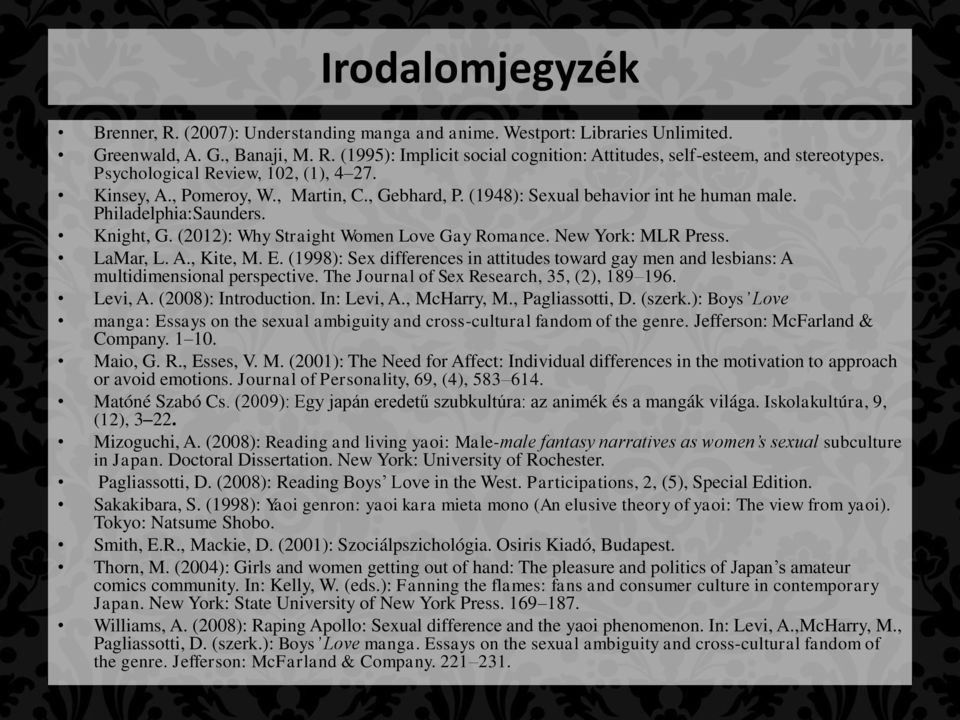 (2012): Why Straight Women Love Gay Romance. New York: MLR Press. LaMar, L. A., Kite, M. E. (1998): Sex differences in attitudes toward gay men and lesbians: A multidimensional perspective.