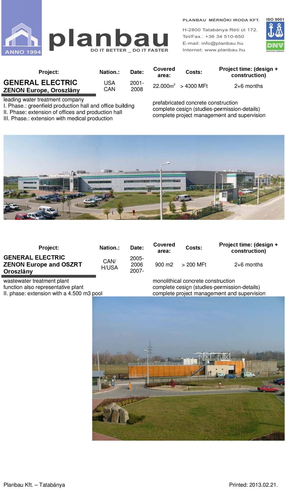 000m 2 > 4000 2+6 months complete cesign (studies-permission-details) complete project management and supervision GENERAL ELECTRIC CAN/ ZENON Europe and OSZRT /USA