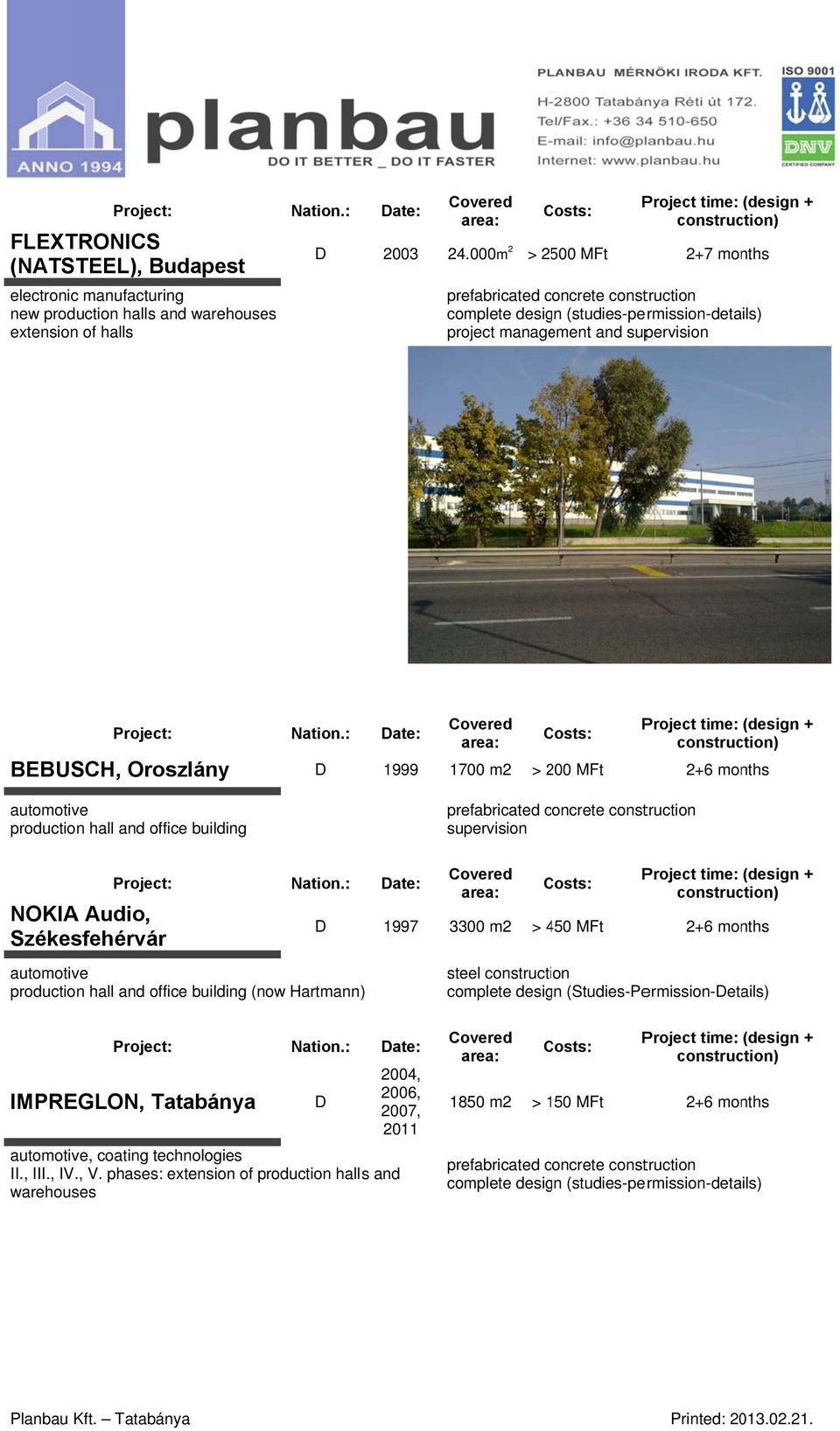 office building NOKIA Audio, Székesfehérvár automotive production hall and office building (now artmann) ) D supervision 1997 3300 m2 > 4504 2+6 months steel construction complete design