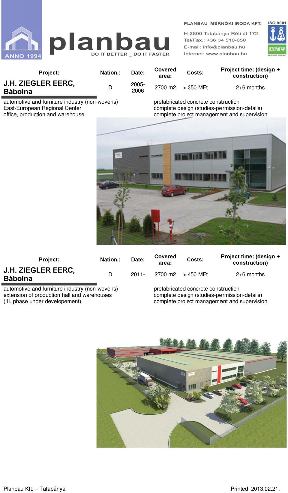 supervision J.. ZIEGLER EERC, Bábolna automotive and furniture industry (non-wovens) extensionn of production hall and warehouses (III.