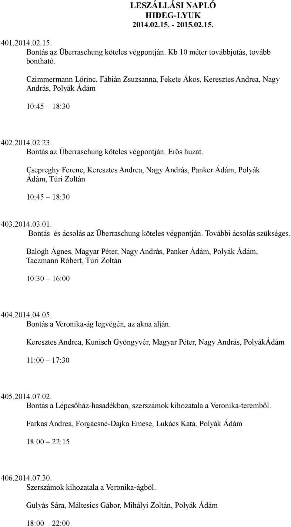 Csepreghy Ferenc, Keresztes Andrea, Nagy András, Panker Ádám, Polyák Ádám, Túri Zoltán 10:45 18:30 403.2014.03.01. Bontás és ácsolás az Überraschung köteles végpontján. További ácsolás szükséges.
