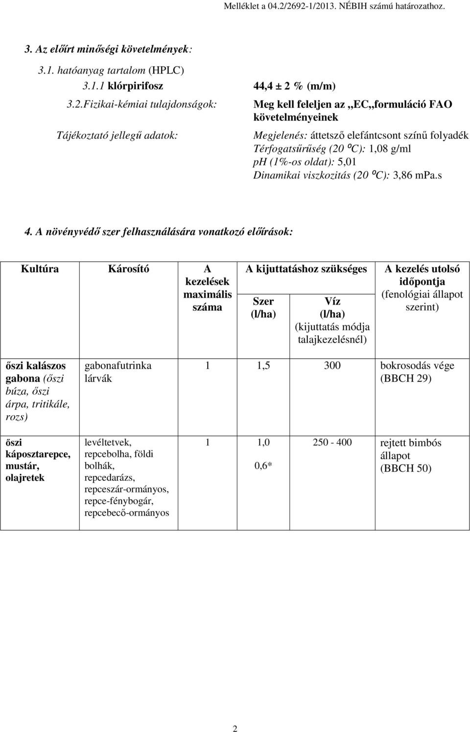 adatok: Meg kell feleljen az EC formuláció FAO követelményeinek Megjelenés: áttetsző elefántcsont színű folyadék Térfogatsűrűség (20 ⁰C): 1,08 g/ml ph (1%-os oldat): 5,01 Dinamikai viszkozitás (20