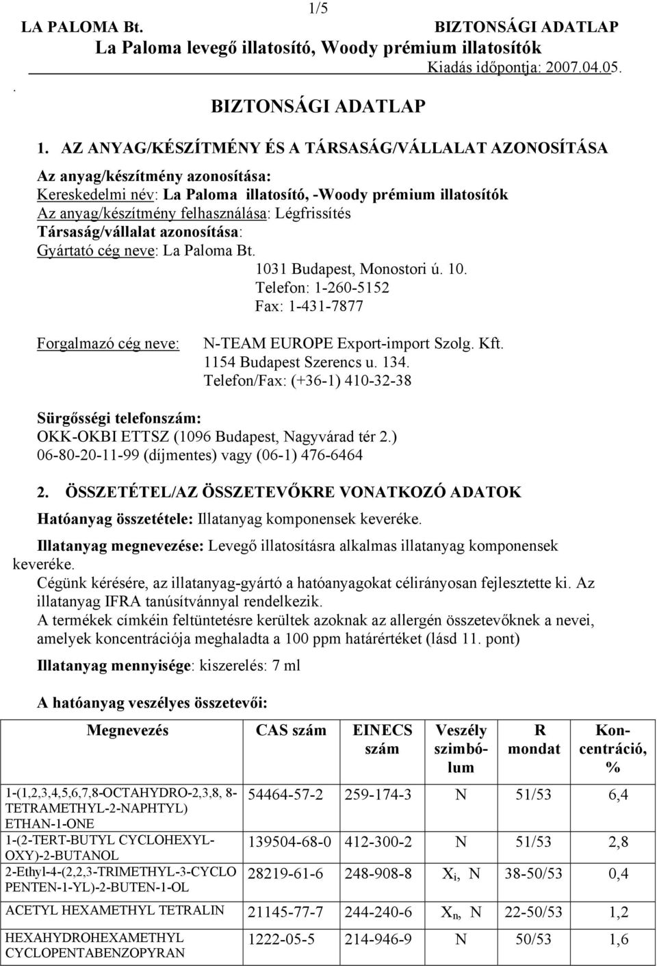 Export-import Szolg Kft 1154 Budapest Szerencs u 134 Telefon/Fax: (+36-1) 410-32-38 Sürgősségi telefonszám: OKK-OKBI ETTSZ (1096 Budapest, Nagyvárad tér 2) 06-80-20-11-99 (díjmentes) vagy (06-1)