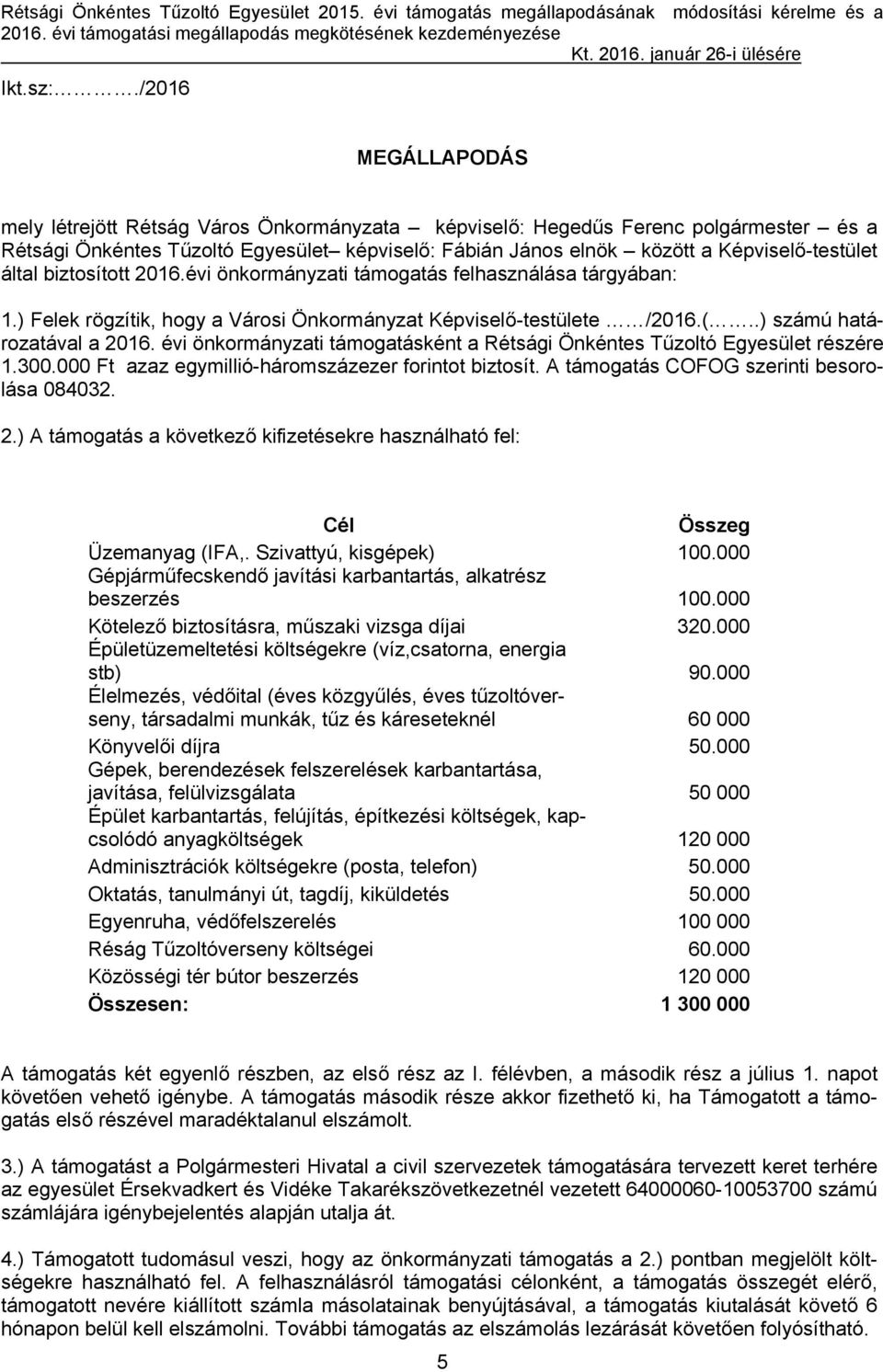 által biztosított 2016.évi önkormányzati támogatás felhasználása tárgyában: 1.) Felek rögzítik, hogy a Városi Önkormányzat Képviselő-testülete /2016.(..) számú határozatával a 2016.