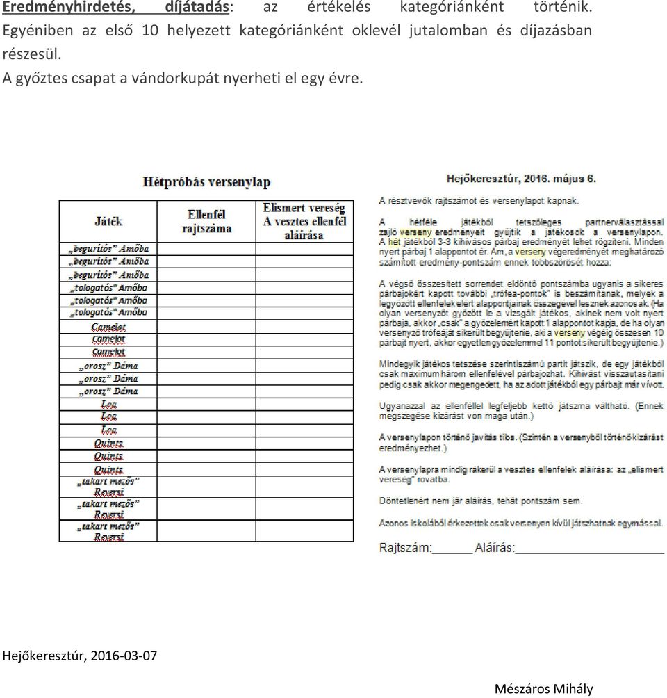 Egyéniben az első 10 helyezett kategóriánként oklevél