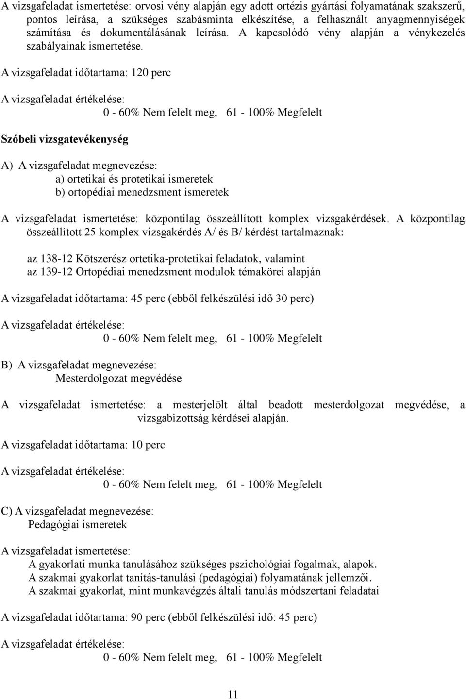 A vizsgafeladat időtartama: 120 perc A vizsgafeladat értékelése: 0-60% Nem felelt meg, 61-100% Megfelelt Szóbeli vizsgatevékenység A) A vizsgafeladat megnevezése: a) ortetikai és protetikai ismeretek