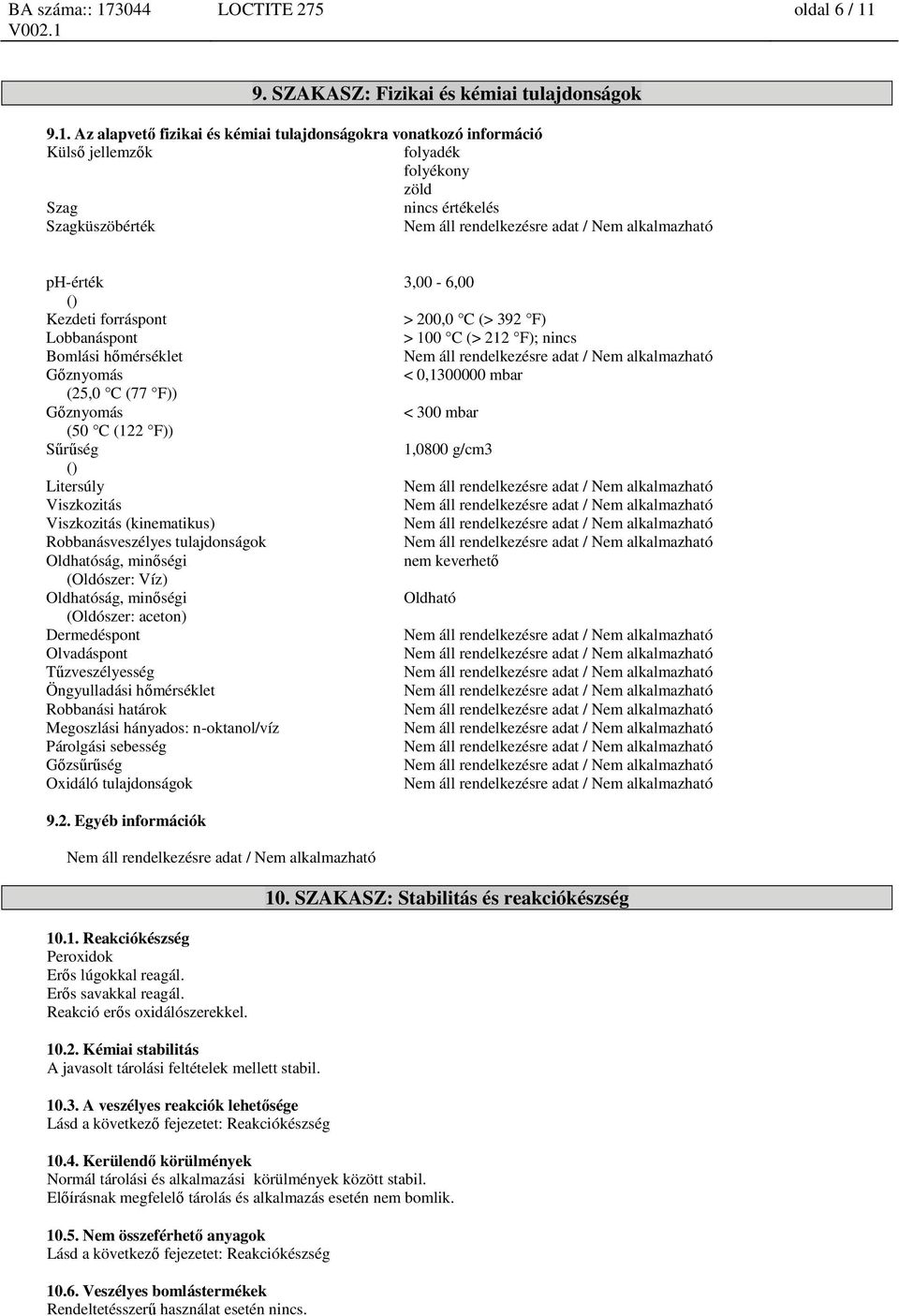 Az alapvető fizikai és kémiai tulajdonságokra vonatkozó információ Külső jellemzők folyadék folyékony zöld Szag nincs értékelés Szagküszöbérték ph-érték () Kezdeti forráspont Lobbanáspont Bomlási