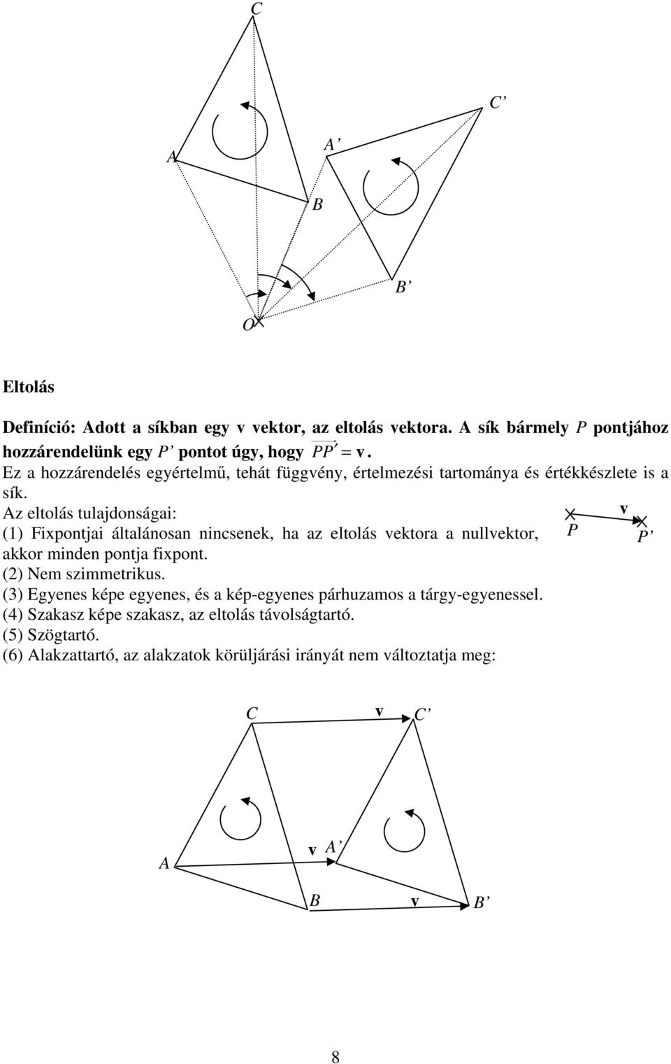 z eltolás tuljdonsági: v (1) Fixpontji áltlánosn ninsenek, h z eltolás vektor nullvektor, P P kkor minden pontj fixpont. () Nem szimmetrikus.