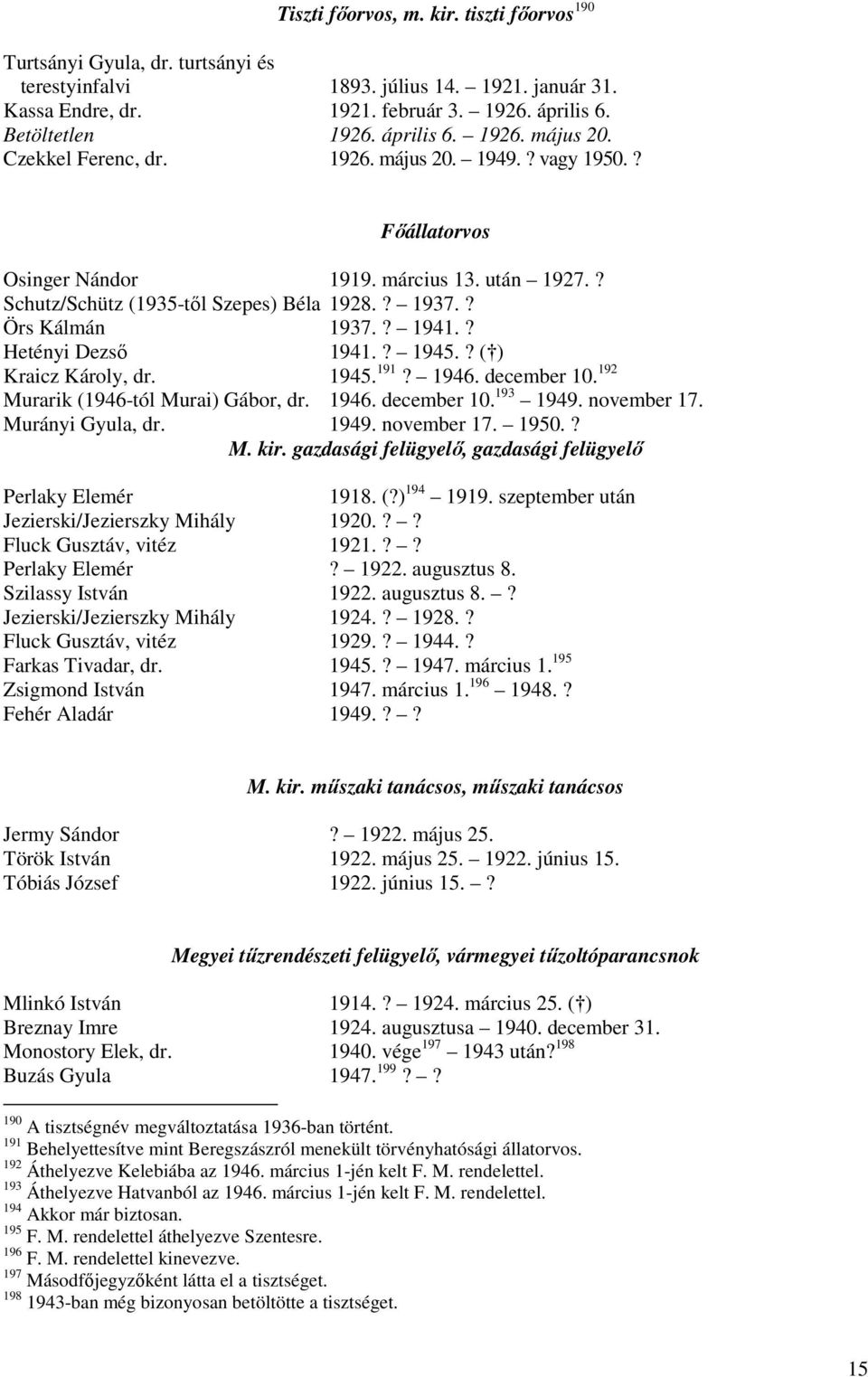 ? Örs Kálmán 1937.? 1941.? Hetényi Dezső 1941.? 1945.? ( ) Kraicz Károly, dr. 1945. 191? 1946. december 10. 192 Murarik (1946-tól Murai) Gábor, dr. 1946. december 10. 193 1949. november 17.