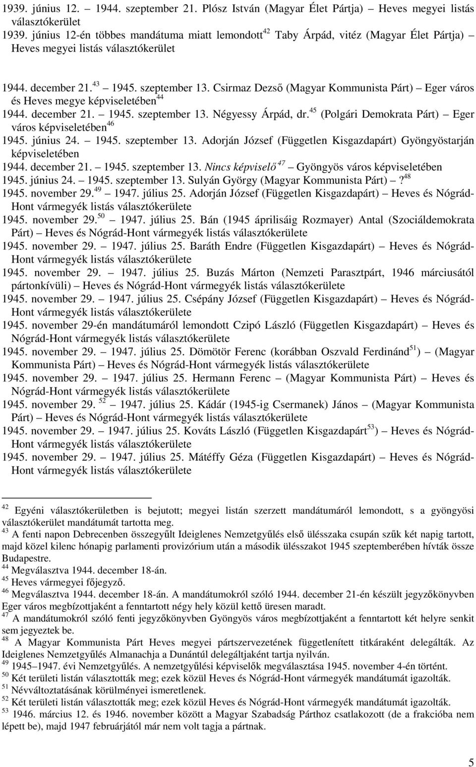 Csirmaz Dezső (Magyar Kommunista Párt) Eger város és Heves megye képviseletében 44 1944. december 21. 1945. szeptember 13. Négyessy Árpád, dr.