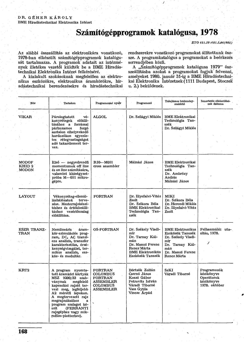 A programok adatait az intézmények illetékes vezetői küldték be a BME Híradástechnikai Elektronika felkéréséré.