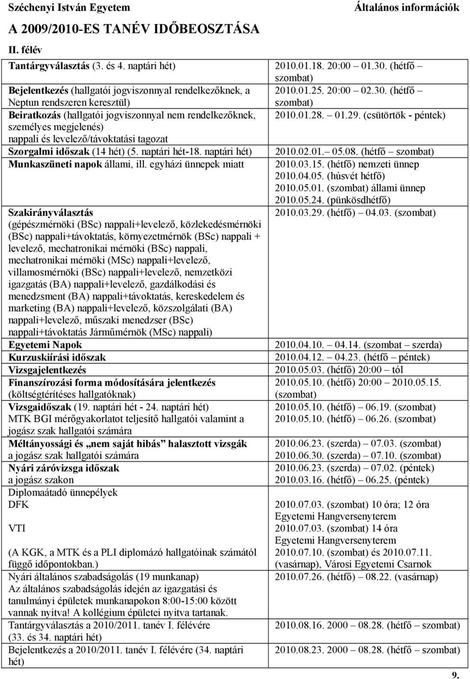 (hétfő Neptun rendszeren keresztül) szombat) Beiratkozás (hallgatói jogviszonnyal nem rendelkezőknek, 2010.01.28. 01.29.