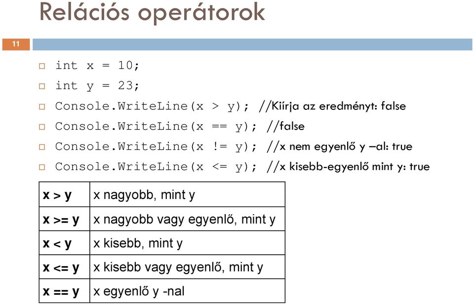 WriteLine(x!= y); //x nem egyenlő y al: true Console.