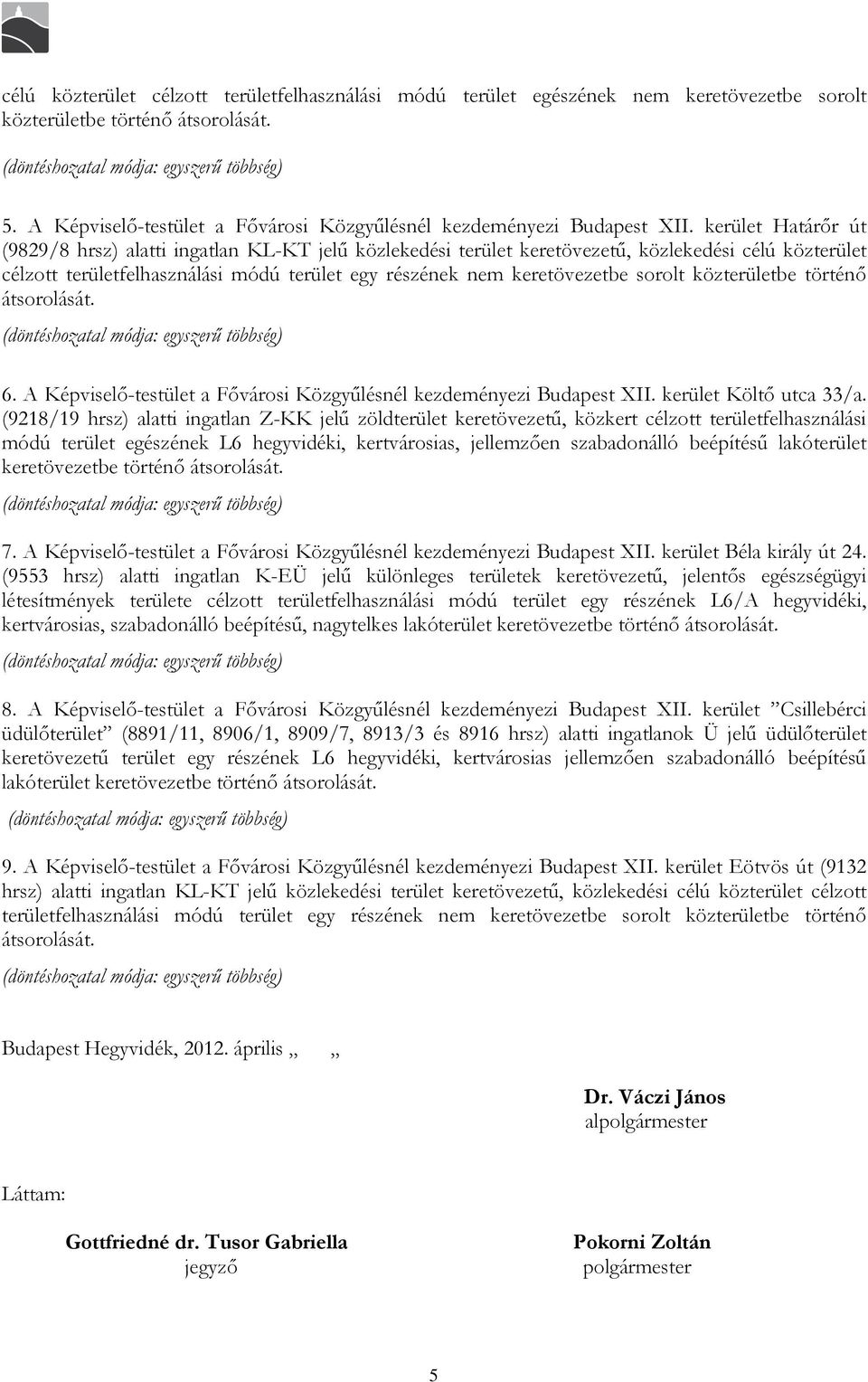 A Képviselő-testület a Fővárosi Közgyűlésnél kezdeményezi Budapest XII. kerület Költő utca 33/a.