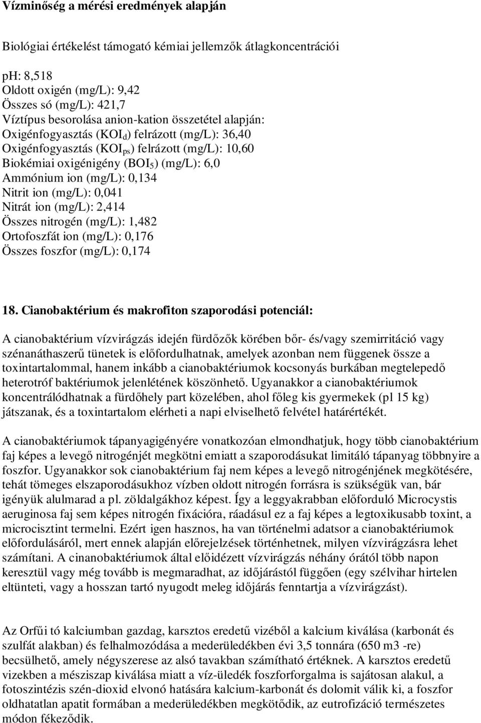 ion (mg/l): 0,041 Nitrát ion (mg/l): 2,414 Összes nitrogén (mg/l): 1,482 Ortofoszfát ion (mg/l): 0,176 Összes foszfor (mg/l): 0,174 18.