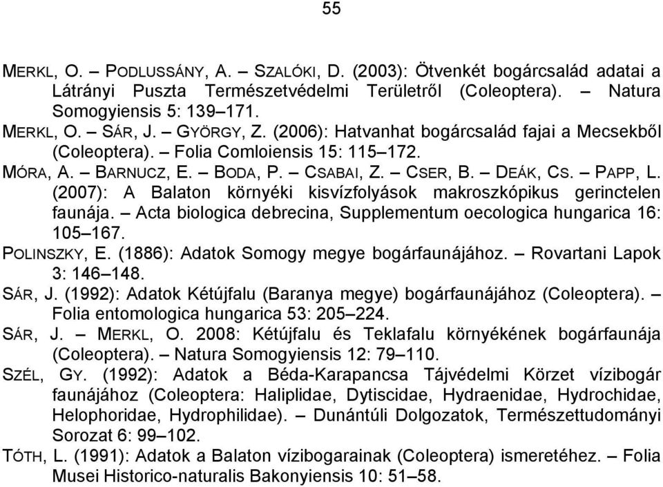 (2007): A Balaton környéki kisvízfolyások makroszkópikus gerinctelen faunája. Acta biologica debrecina, Supplementum oecologica hungarica 16: 105 167. POLINSZKY, E.