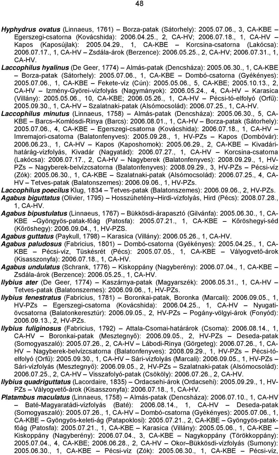 06.30., 1, CA-KBE Borza-patak (Sátorhely): 2005.07.06., 1, CA-KBE Dombó-csatorna (Gyékényes): 2005.07.06., 1, CA-KBE Fekete-víz (Cún): 2005.05.06., 5, CA-KBE; 2005.10.13.