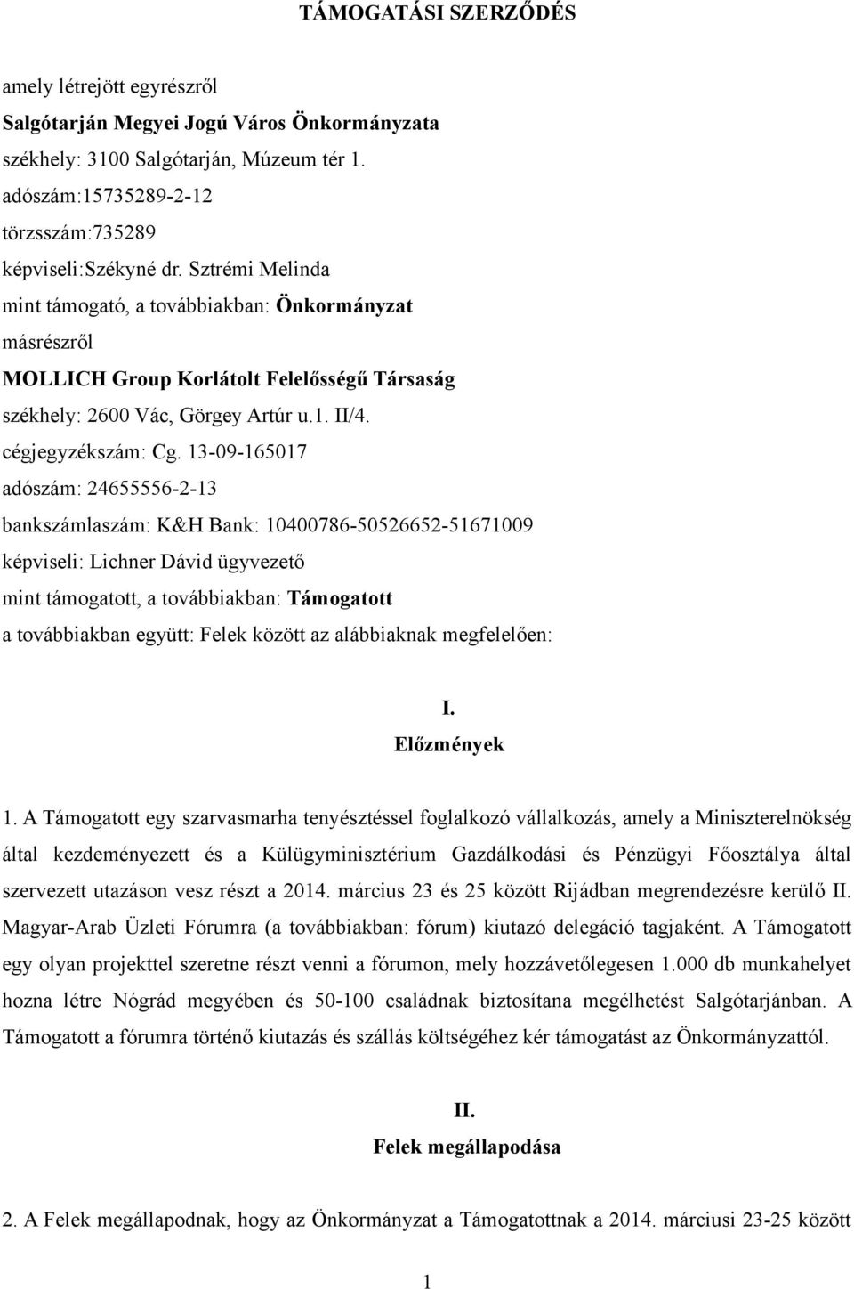 13-09-165017 adószám: 24655556-2-13 bankszámlaszám: K&H Bank: 10400786-50526652-51671009 képviseli: Lichner Dávid ügyvezető mint támogatott, a továbbiakban: Támogatott a továbbiakban együtt: Felek