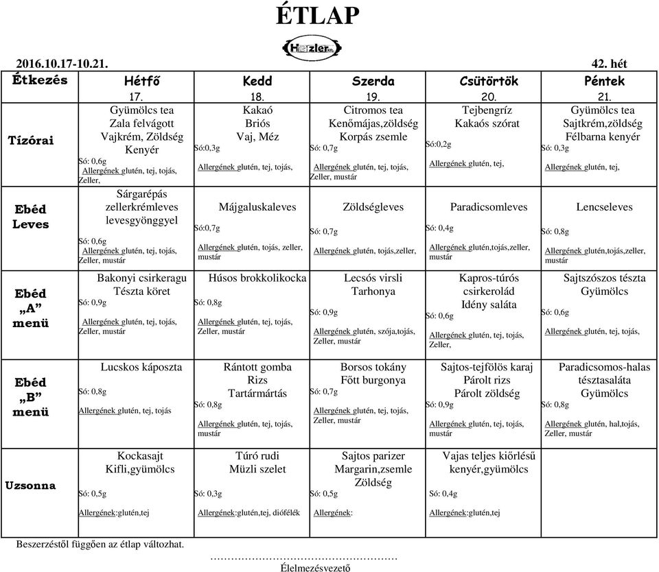 bengríz Kenőmájas,zöldség Kakaós szórat Só:0,2g leves Allergének glutén, tojás,, Lecsós virsli Tarhonya Allergének glutén, szója,tojás, Paradicsomleves Allergének glutén,tojás,, Kapros-túrós