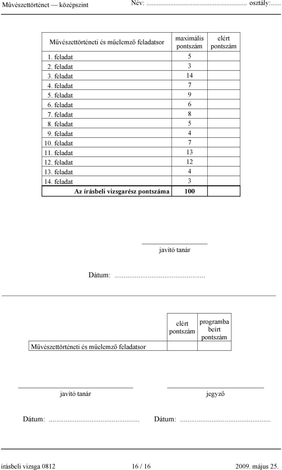 feladat 3 Az írásbeli vizsgarész pontszáma 100 elért pontszám javító tanár Dátum:.