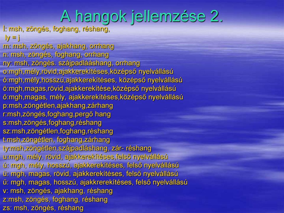 mély, ajakkerekítéses,középső nyelvállású p:msh,zöngétlen,ajakhang,zárhang r:msh,zöngés,foghang,pergő hang s:msh,zöngés,foghang,réshang sz:msh,zöngétlen,foghang,réshang t:msh,zöngétlen,