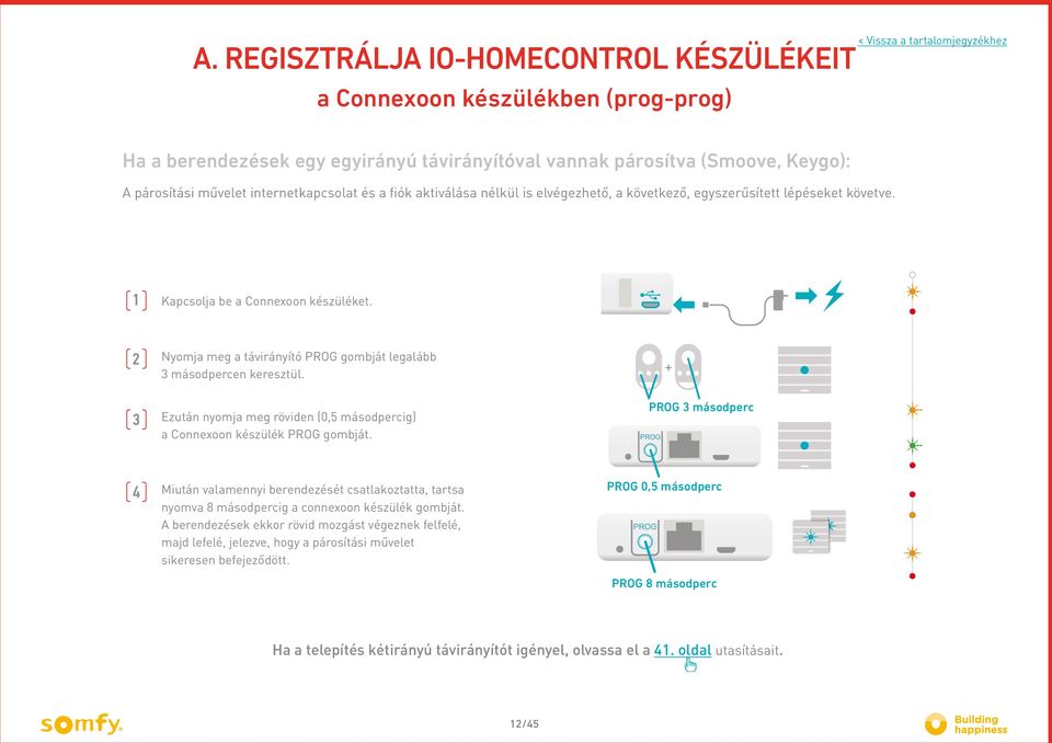 Ezután nyomja meg röviden (0,5 másodpercig) a Connexoon készülék PROG gombját. PROG 3 másodperc Miután valamennyi berendezését csatlakoztatta, tartsa nyomva 8 másodpercig a connexoon készülék gombját.