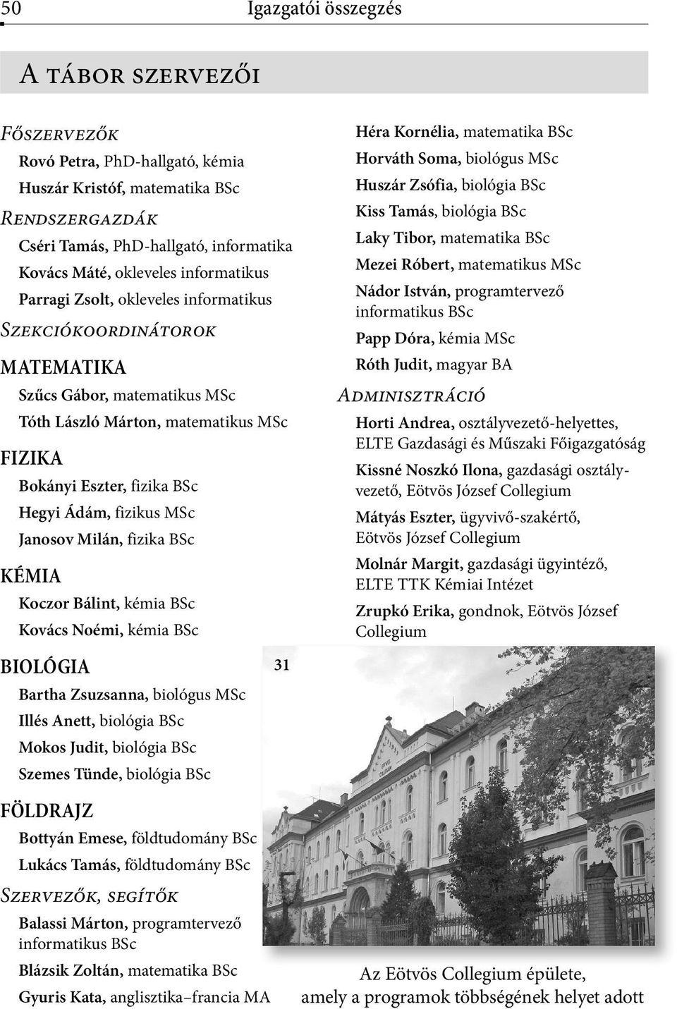 fizikus MSc Janosov Milán, fizika BSc KÉMIA Koczor Bálint, kémia BSc Kovács Noémi, kémia BSc BIOLÓGIA Bartha Zsuzsanna, biológus MSc Illés Anett, biológia BSc Mokos Judit, biológia BSc Szemes Tünde,