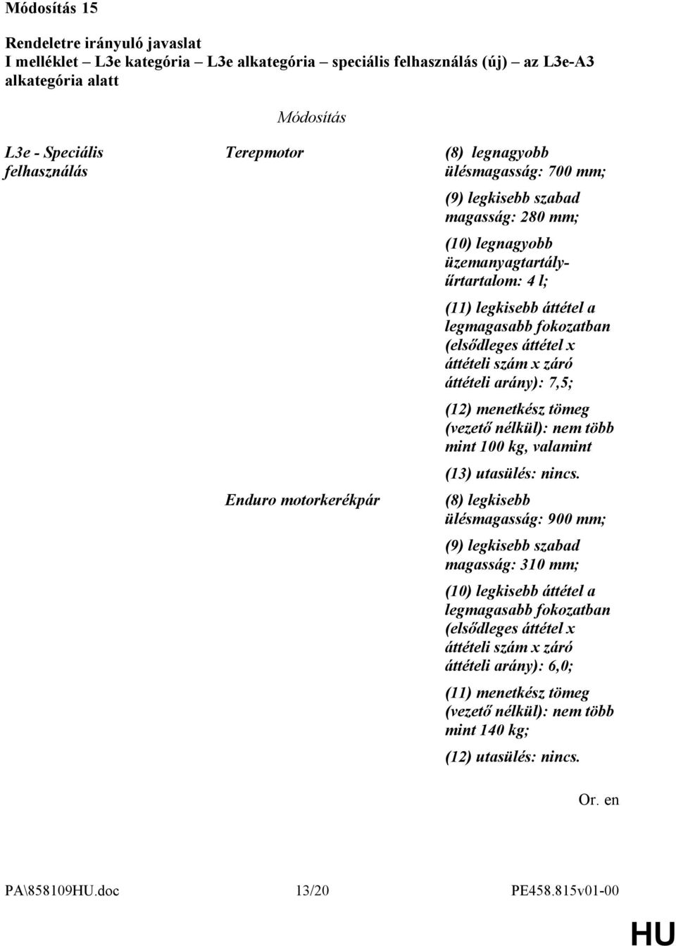 7,5; (12) menetkész tömeg (vezető nélkül): nem több mint 100 kg, valamint (13) utasülés: nincs.